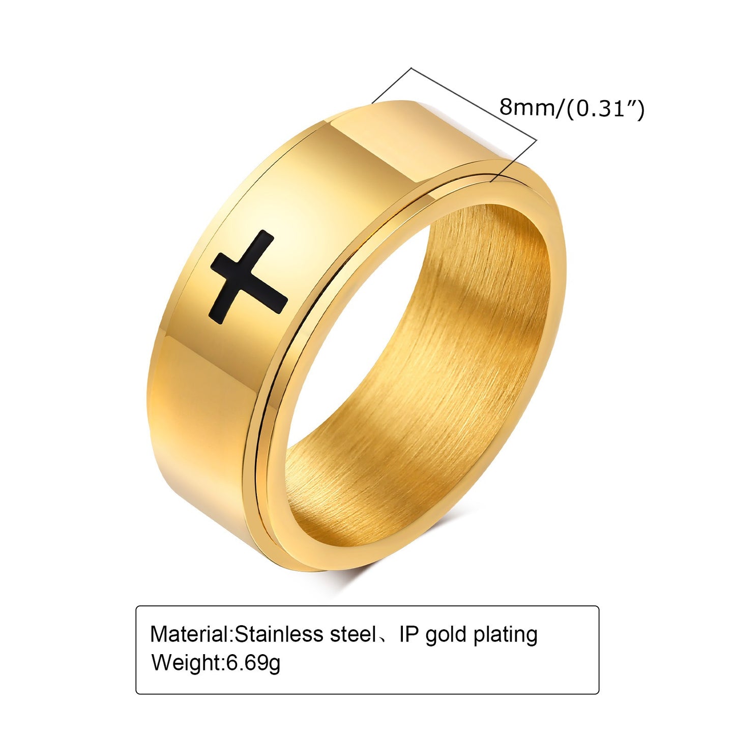 Kemstone Black Laser-Etched Cross Rotating Stainless Steel Ring – Gothic Industrial Men’s Jewelry R589