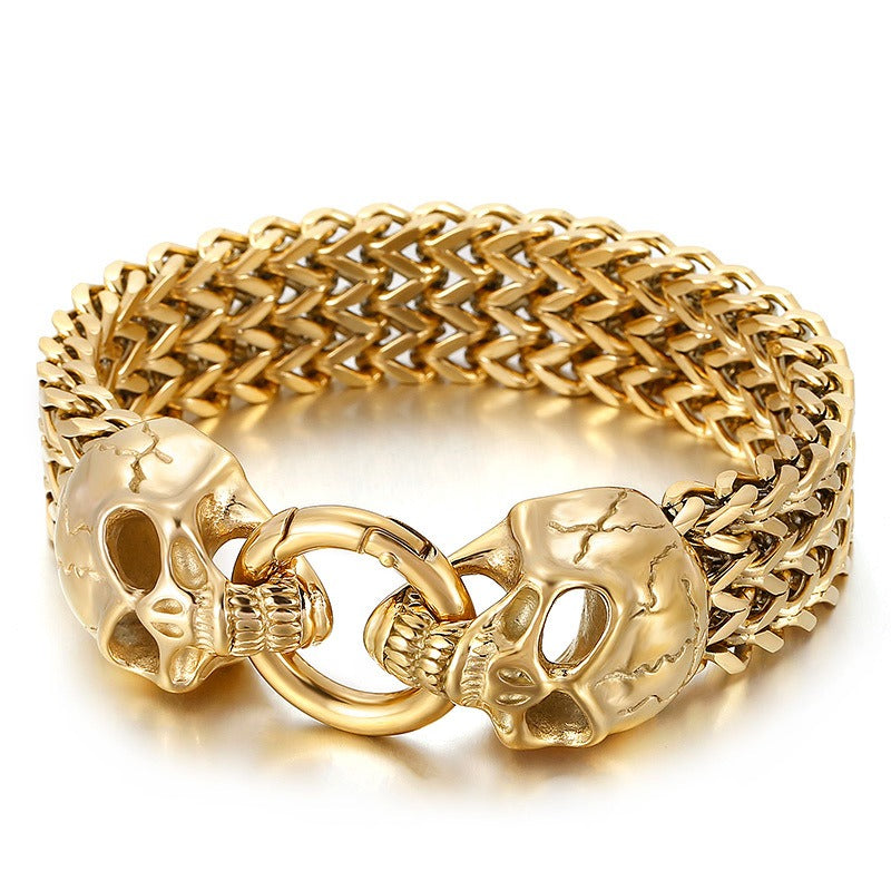 Pulsera Kemstone con calavera, lobo y cabeza de león - Cadena de acero de titanio con borde punk KB144489