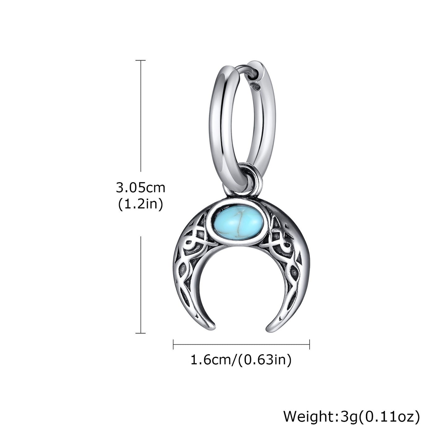Kemstone Retro Turquoise Moon Men's Earrings - Stainless Steel Hip-Hop Statement Jewelry ED767