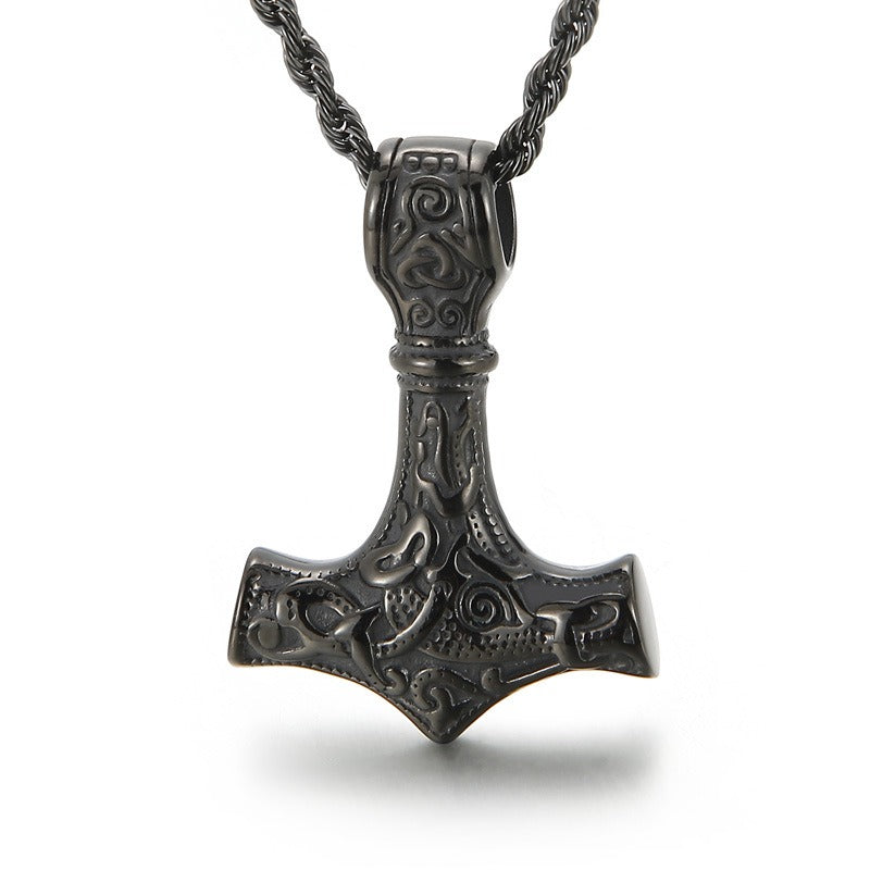 Kemstone Viking Thor’s Hammer Pendant – Stainless Steel Norse Amulet with Skull Connector KP96348