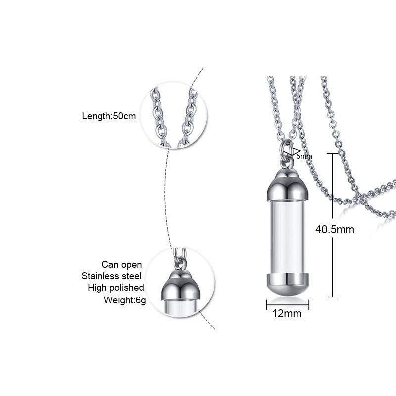 Kemstone Men’s Stainless Steel Glass Vial Pendant Necklace – Gothic Memorial Perfume Bottle Urn Amulet PN-716
