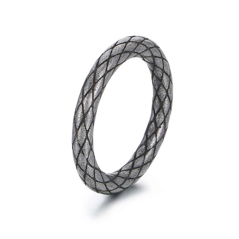 Kemstone Serpent Grid Ring – Distressed Stainless Steel Circle Band for Men | Gothic Punk Street Style KR1088455