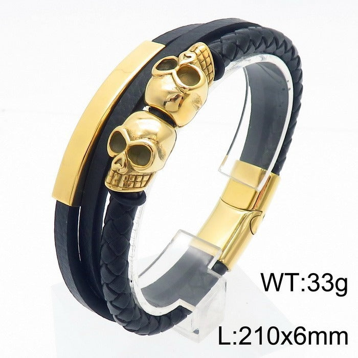 Kemstone Men’s Skull Leather Bracelet – Stainless Steel Punk Biker Jewelry KB180009