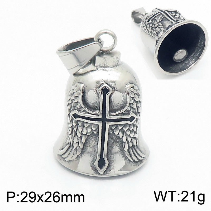 Kemstone Viking Symbol Bell Pendant Necklace for Men – Norse Masonic Cross Stainless Steel Biker Jewelry KP130935