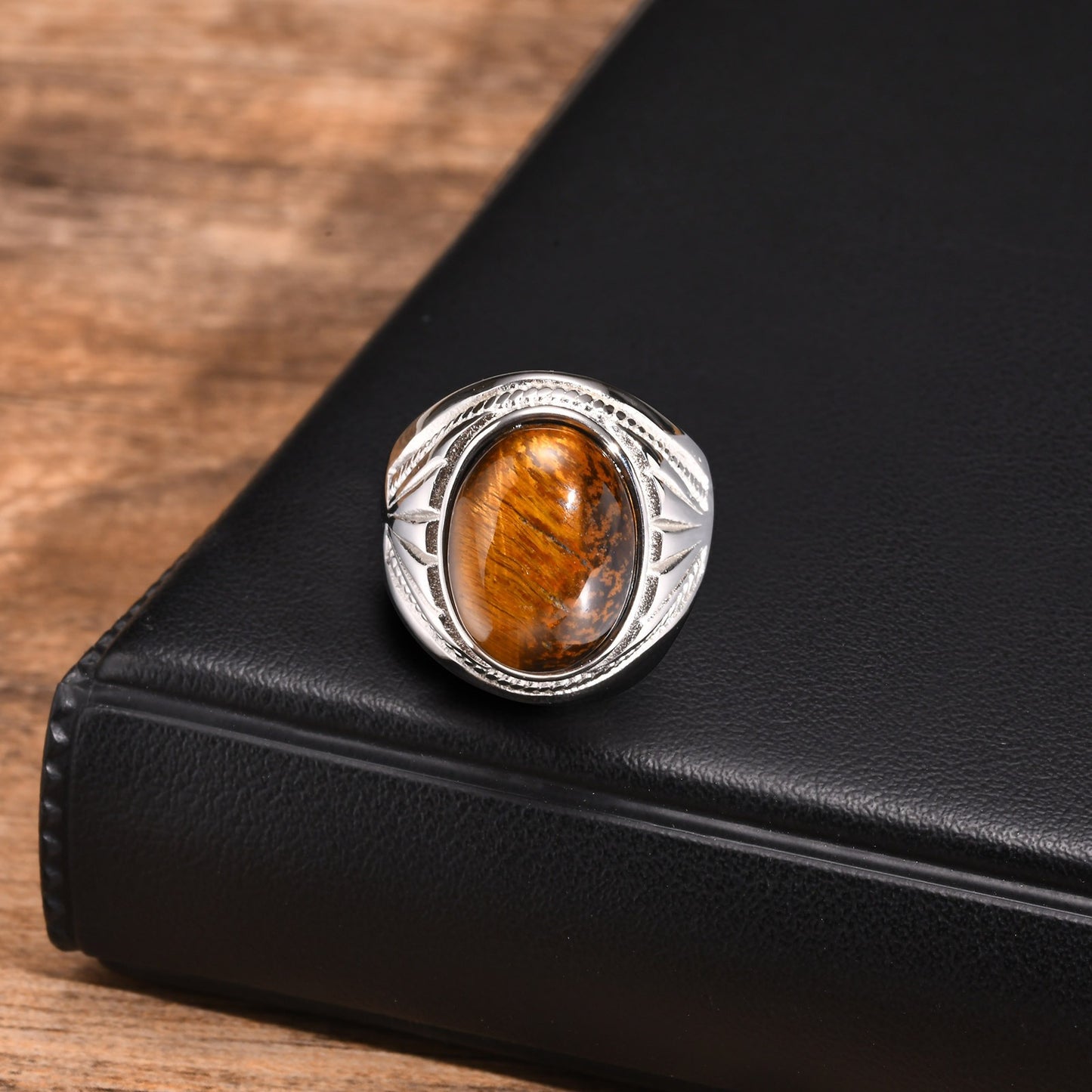 Men's Stainless Steel Tiger Eye Oval Ring – Norse Gothic Power Symbol, Vintage Steel Finish RC687