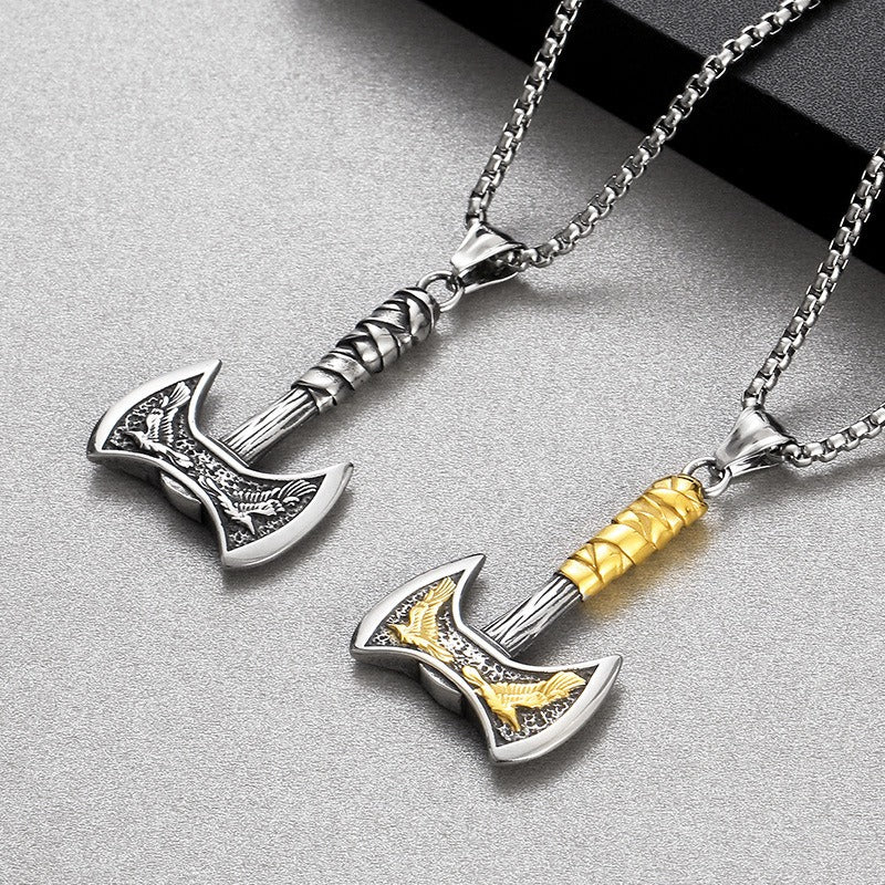 Kemstone Viking Axe & Raven Pendant – Norse Rune Titanium Steel Necklace for Men KP130627-TLX