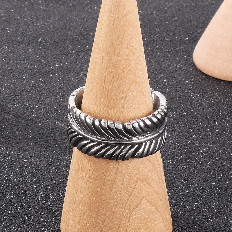Kemstone Leaf Motif Titanium Steel Ring – Boho Gothic Nature-Inspired Punk Jewelry for Men KR108704