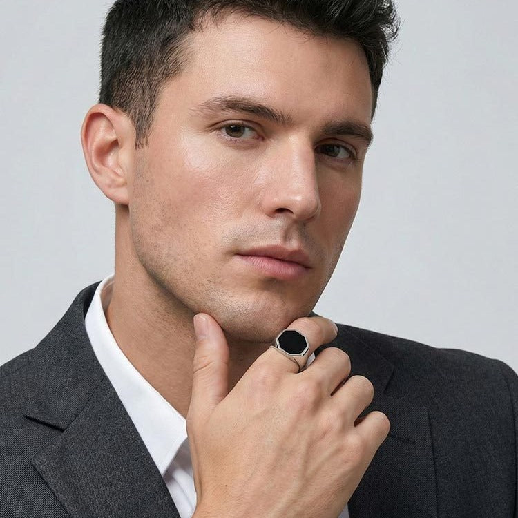 Kemstone Stainless Steel Punk Hexagonal Black Resin Ring for Men C-1088