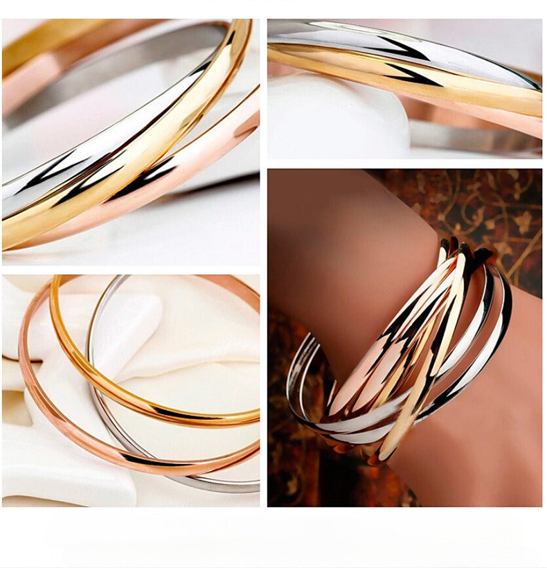 Brazalete Kemstone de acero y titanio con triple anilla para mujer - Tono oro rosa, diseño abierto ajustable, joyería minimalista para uso diario o regalo B82