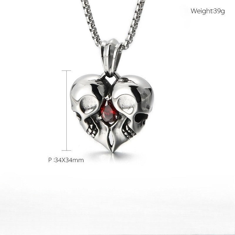 Kemstone Titanium Steel Skull Heart Necklace – Gothic Red Zircon Pendant KP98350