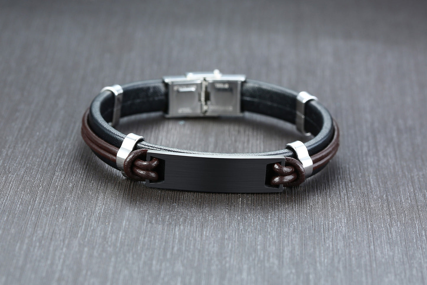 Men's Black Leather Bracelet with Matte Stainless Steel Plate – Gothic Street Power Style BL-344