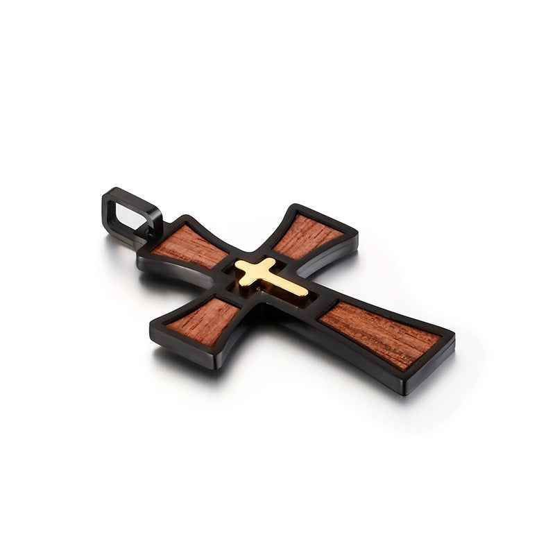 Kemstone Layered Stainless Steel & Wood Cross Pendant – Gothic Totem Necklace KP93475