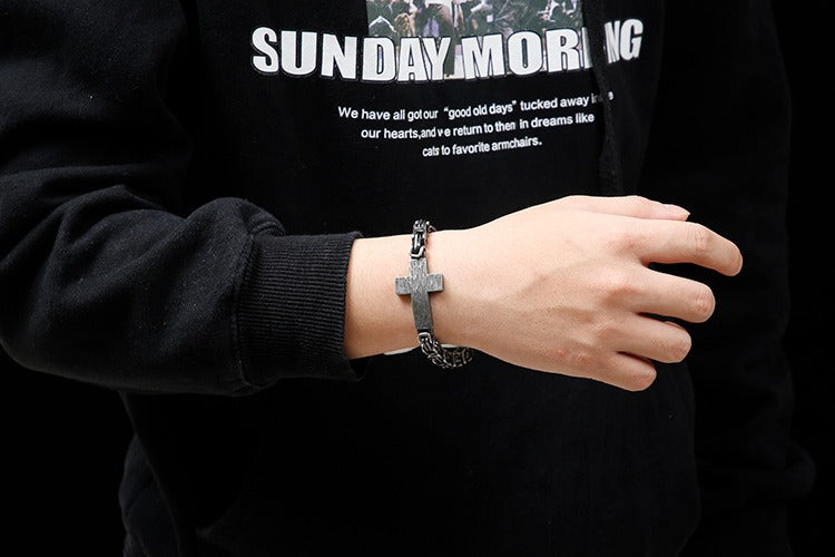 Kemstone Cross Pendant Retro Bracelet – Titanium Steel Cuff with Imperial Chain Design for Men KB122384