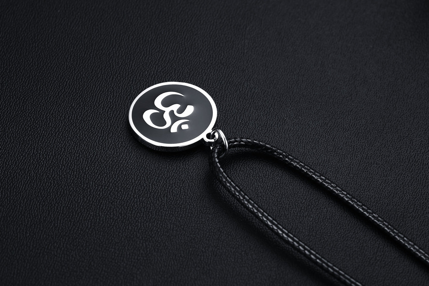 Black Om Symbol Pendant Necklace for Men – Stainless Steel Round Medallion on Leather Cord PN-1287