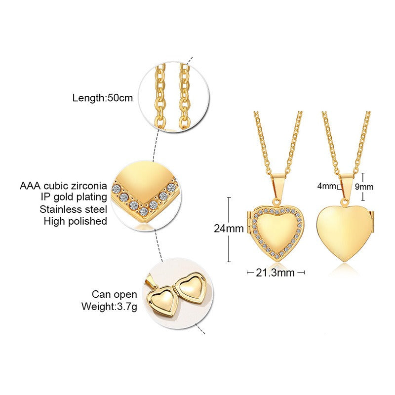 Colgante de corazón de acero inoxidable Kemstone con circonitas - Collar con dije que se abre para mujer PN-1364