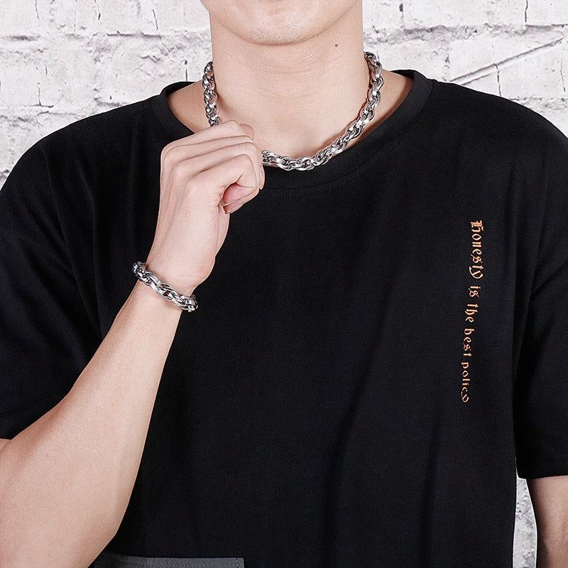 Kemstone Dual-Clasp O-Chain Set – Textured Stainless Steel Necklace & Bracelet for Men KB80794-Z
