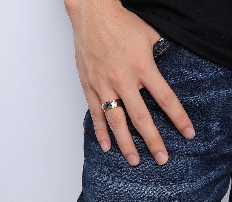 Kemstone Tungsten Steel Ring for Men – Matte Black & Gold Contrast Durable Minimalist Band TCR-043