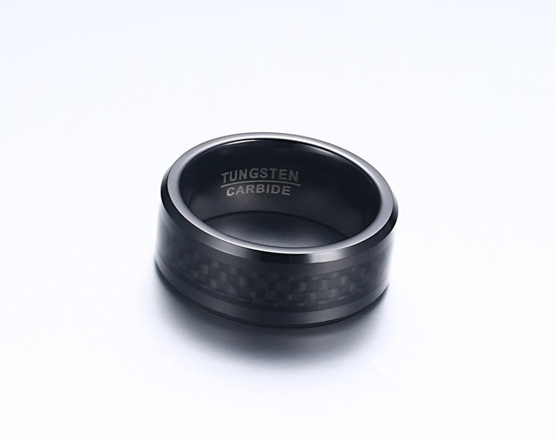 Kemstone 8MM Carbon Fiber Inlaid Tungsten Carbide Ring – Black Matte Finish TCR036