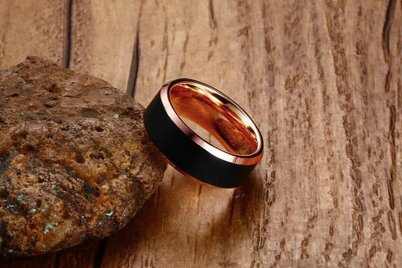 8MM Tungsten Carbide Men’s Ring – Brushed Black & Rose Gold Band TCR-069