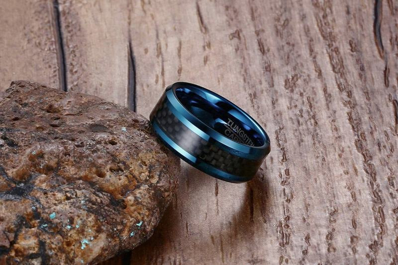 Kemstone Men’s Blue Tungsten Carbide Ring – 8mm Carbon Fiber Inlay, IP Blue Plating, Gothic Viking Band TCR-068