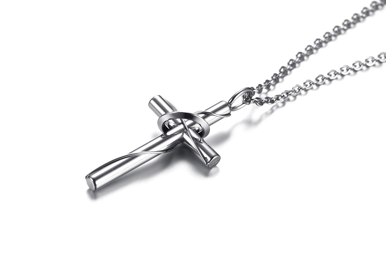 Conjunto de collar con cruz de acero inoxidable – Colgante de pareja con hoja retorcida CN-081