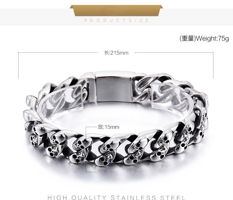 Kemstone Titanium Steel Men's Bracelet - Bold Skull Design with Thick Chain for Edgy Streetwear Style KB80115-BD