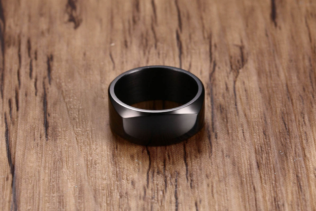 Kemstone 8mm Black Stainless Steel Men’s Ring – IP Plated, High Polish Minimalist Style R-383