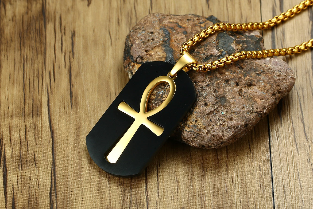 Collar con colgante de símbolo de vida Ankh de acero y titanio Kemstone - Diseño geométrico, joyería duradera para hombre PN-623