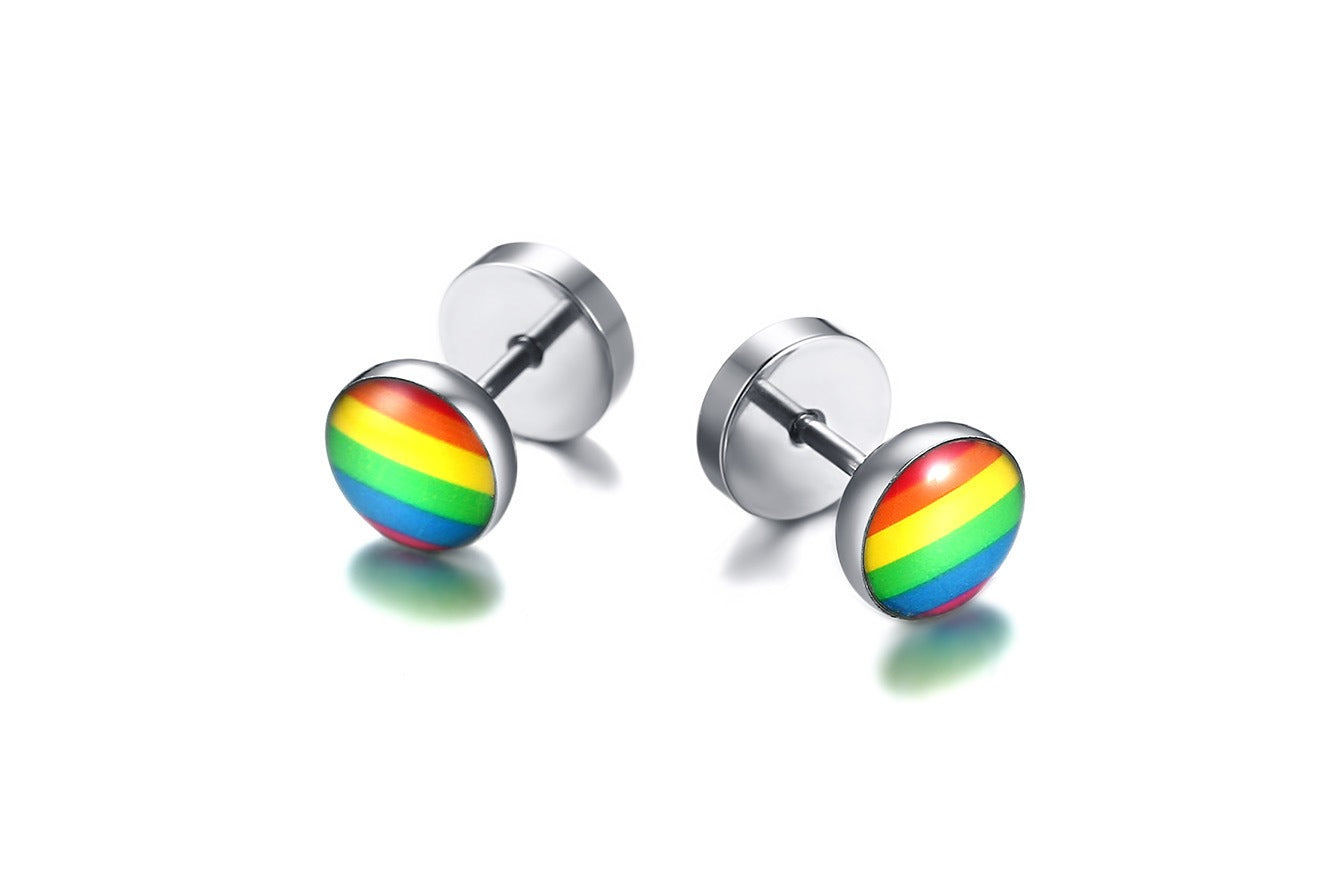 Rainbow Dumbbell Stud Earrings – Stainless Steel Pride Ear Jewelry | Street Gothic Color Edge PE-005