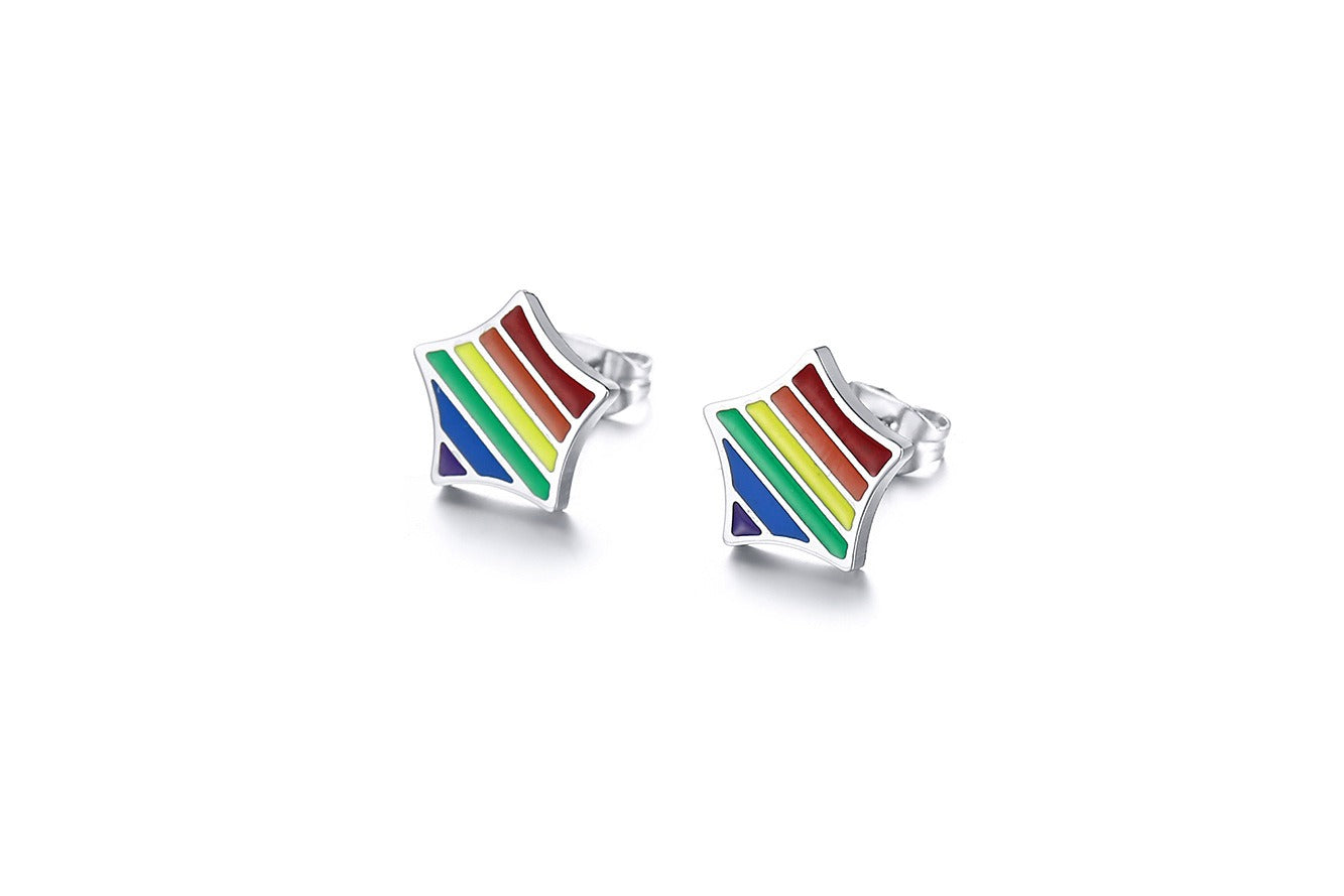 Stainless Steel Triangle Stud Earrings – Enamel Rainbow Edge for Men PE-003