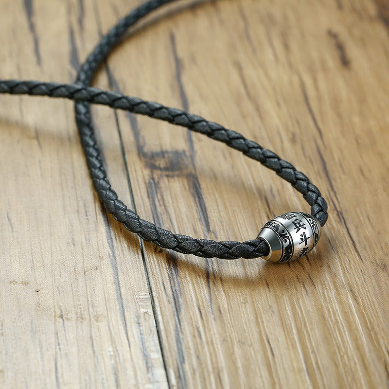 Kemstone Stainless Steel Cylinder Pendant Necklace for Men Engraved Silver Woven Cord PN-932