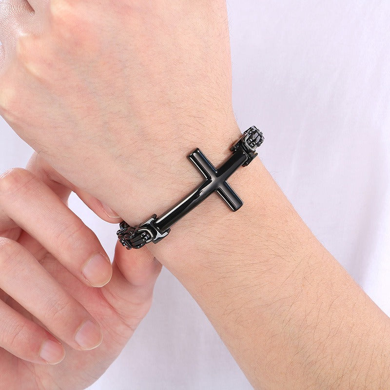 Kemstone Rock Revival Cross Cuff - Byzantine Chain Titanium Bracelet for Men with Vintage Gothic Motif KB190501