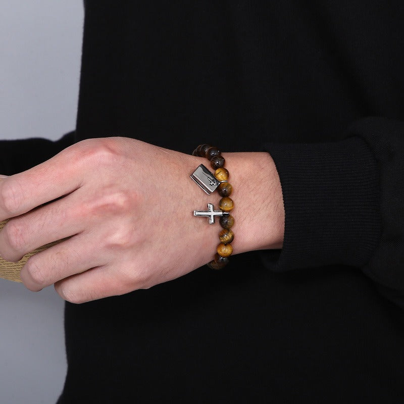 Kemstone Black Onyx Beaded Bracelet – CZ Crown, Freemason Cross & Tiger Eye Accent for Men’s Gothic Streetwear KB69789-BD