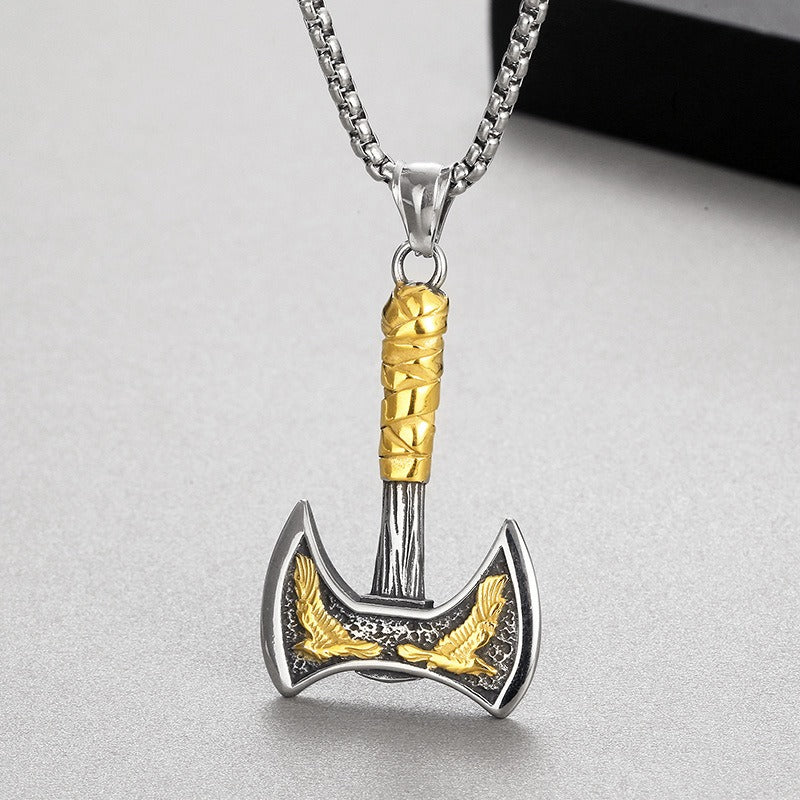Kemstone Viking Axe & Raven Pendant – Norse Rune Titanium Steel Necklace for Men KP130627-TLX