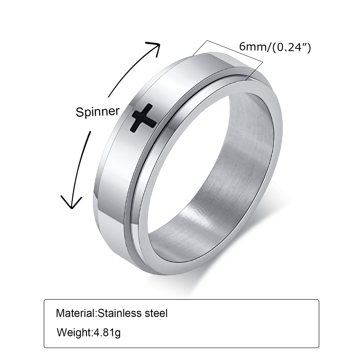 Kemstone Black Laser-Etched Cross Rotating Stainless Steel Ring – Gothic Industrial Men’s Jewelry R589