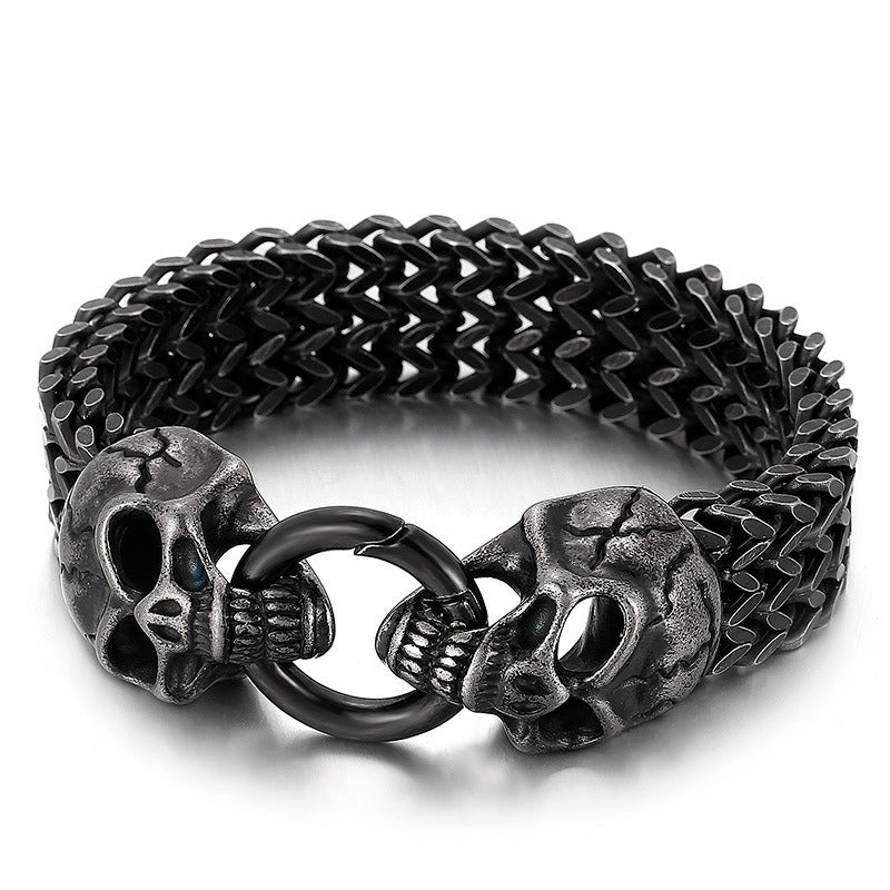 Pulsera Kemstone con calavera, lobo y cabeza de león - Cadena de acero de titanio con borde punk KB144489