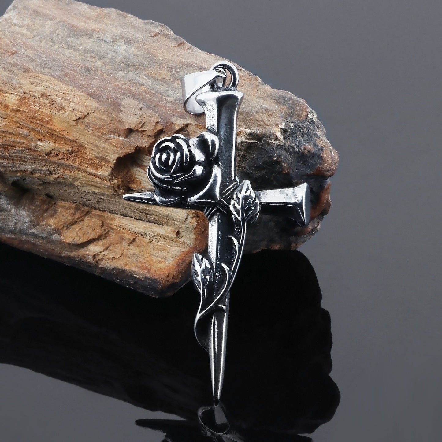 Kemstone Gothic Rose Cross Necklace – Vintage Nail-Detail Stainless Steel Pendant for Men’s Streetwear Style KP130372