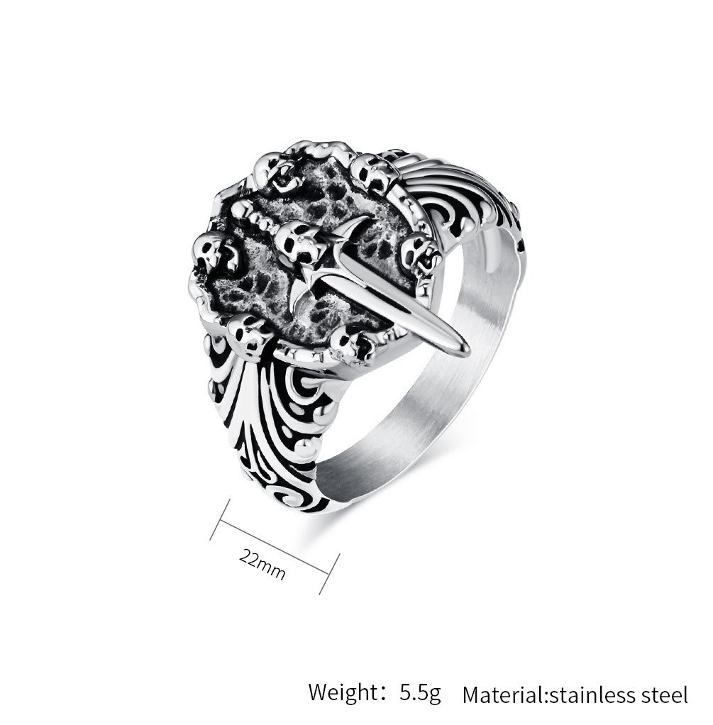 Kemstone Titanium Steel Skull Sword Ring – Gothic Vintage Band K-R830