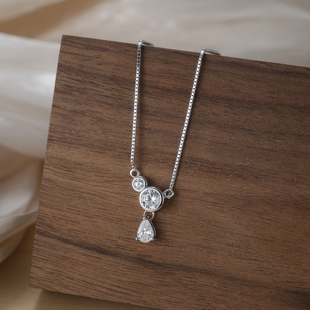 Kemstone S925 Sterling Silver Box Chain CZ Necklace for Women – Teardrop Pendant Clavicle Chain, Silver & Gold A4-APN47