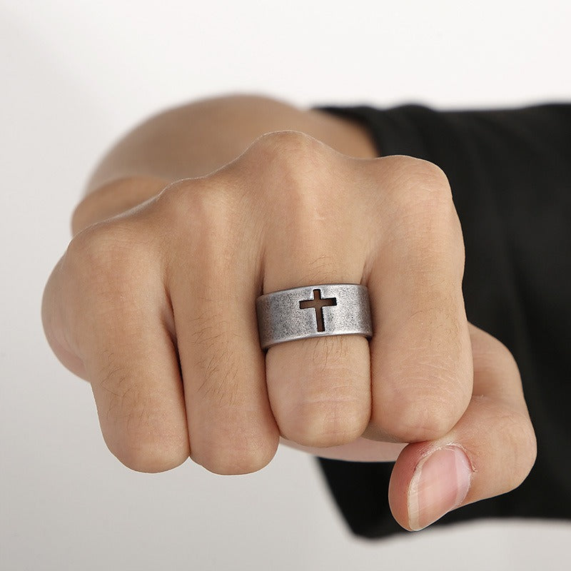 Kemstone Gothic Cross Adjustable Ring – Distressed Titanium Steel Openwork Men’s Jewelry KR104680