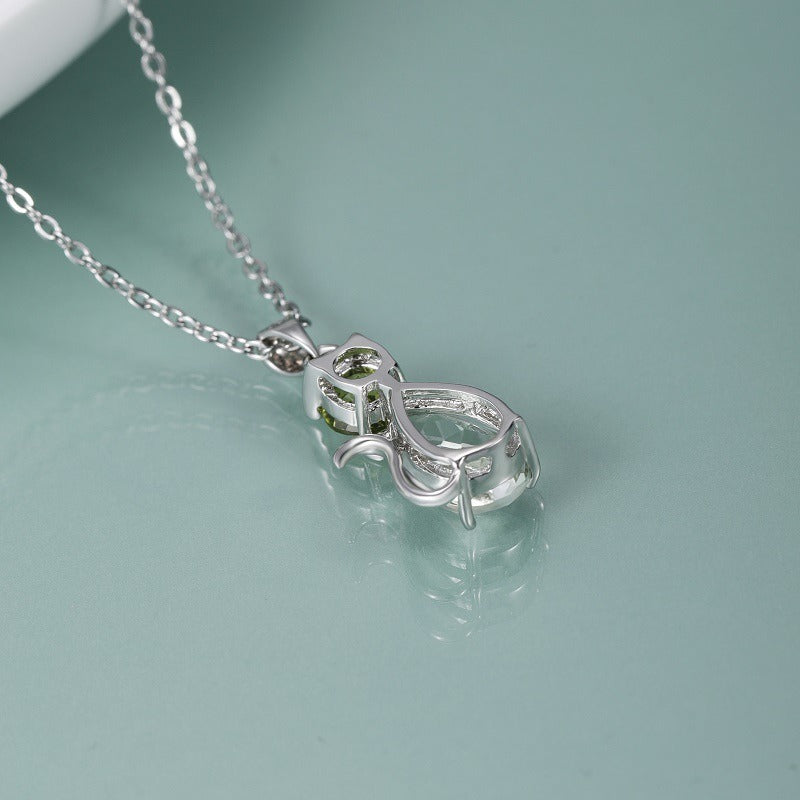 Kemstone Handcrafted S925 Sterling Silver Cat Pendant Necklace – Natural Green Amethyst & Peridot Accents, 18"