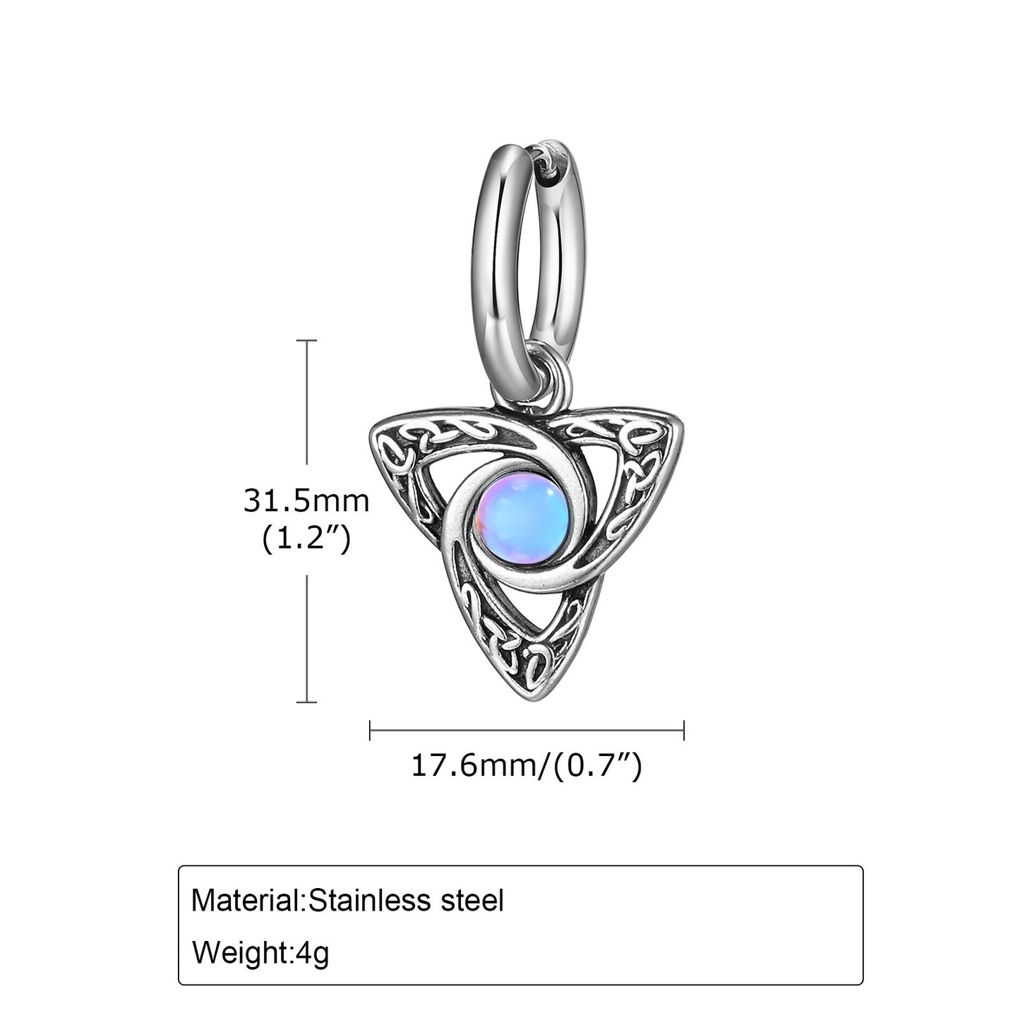 Kemstone Celtic Stainless Steel Moonstone Hoop Earring for Men – Gothic Star & Triquetra Drop Design 769