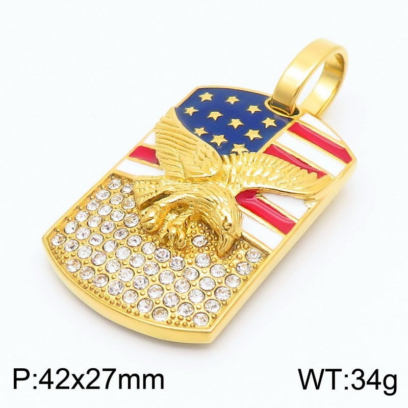 Kemstone Hiphop-Halskette mit quadratischem Adler-Anhänger – auffälliges amerikanisches Flaggen-Design mit Kristall-Akzenten, langlebiges Herren-Accessoire aus Edelstahl KP130508