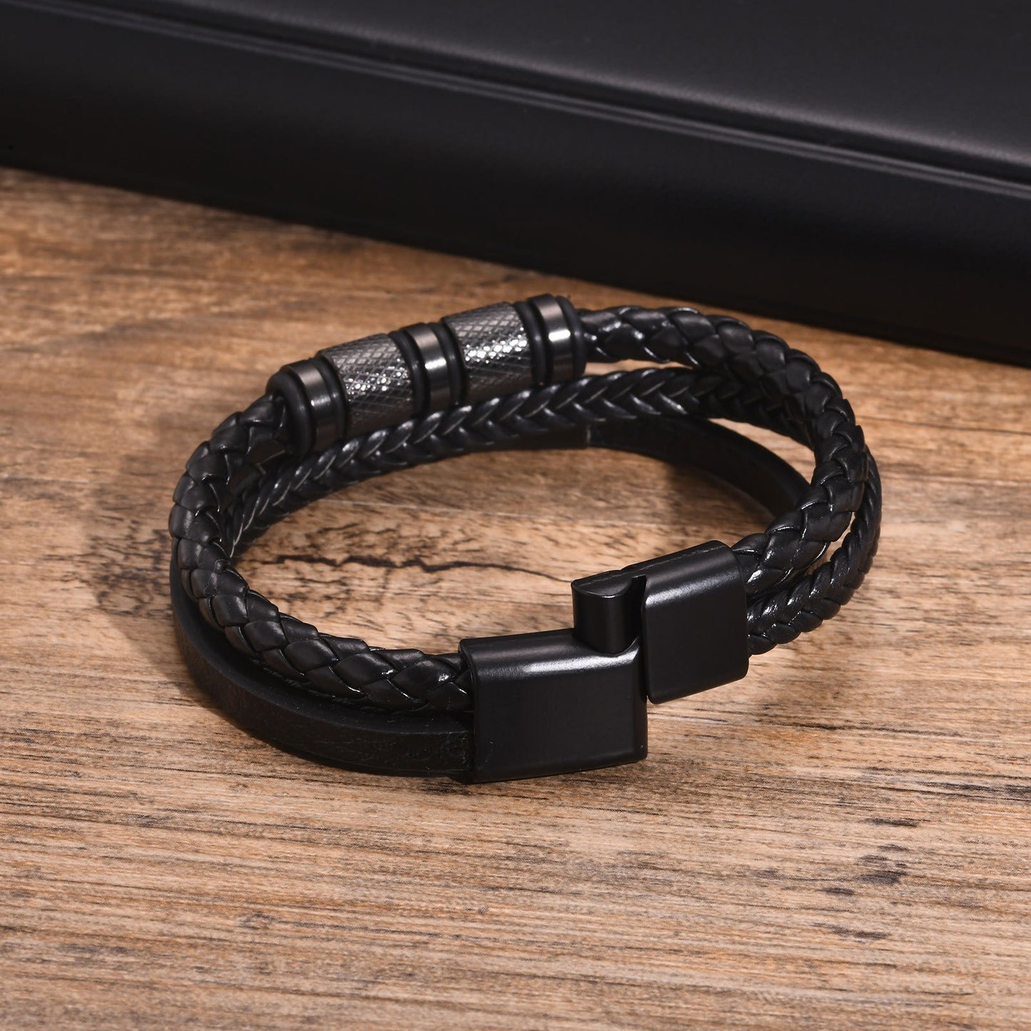 Kemstone Men’s Black Leather Bracelet – Braided Band with Titanium Steel Detail BL-703