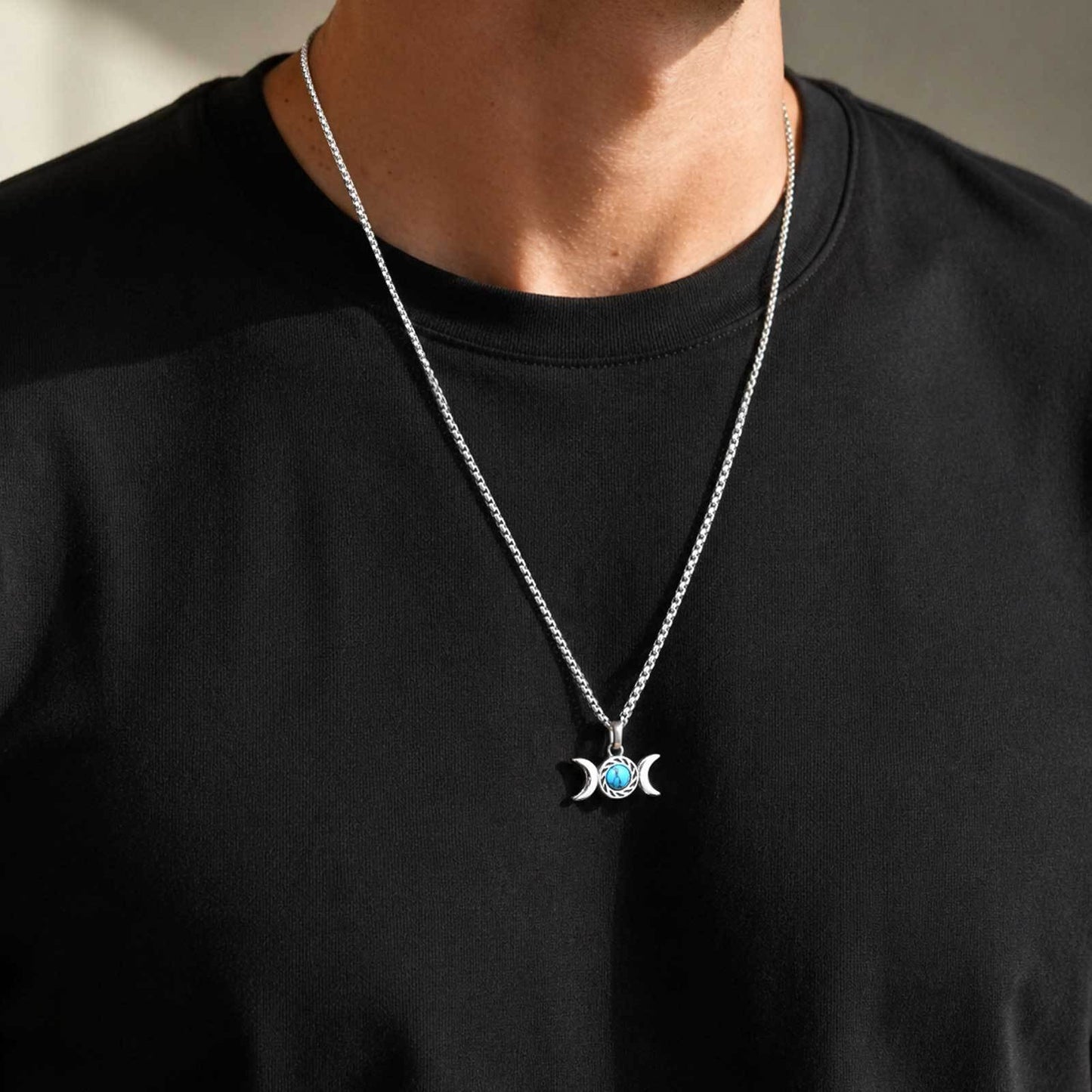 Kemston Stainless Steel Moon Pendant Necklace for Men Double Crescent Blue Stone Detail PN-2360