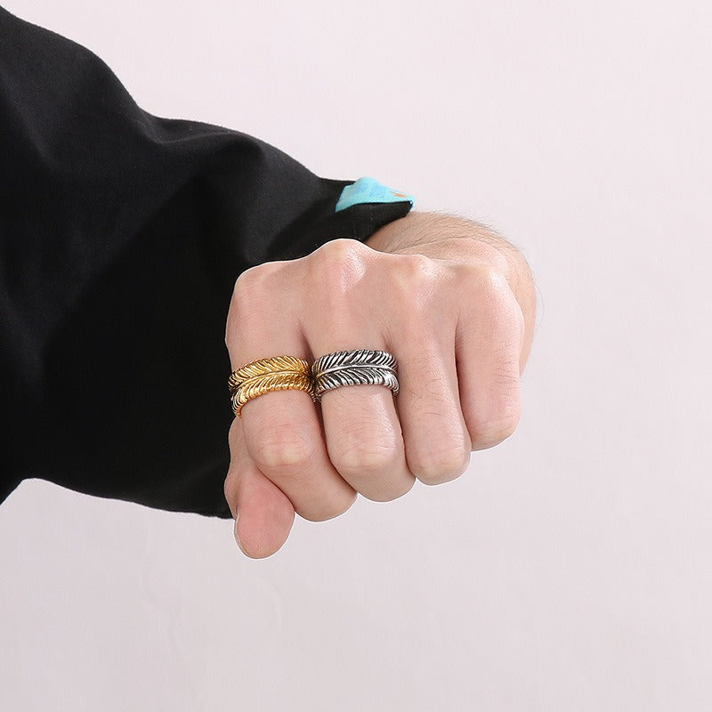 Kemstone Leaf Motif Titanium Steel Ring – Boho Gothic Nature-Inspired Punk Jewelry for Men KR108704