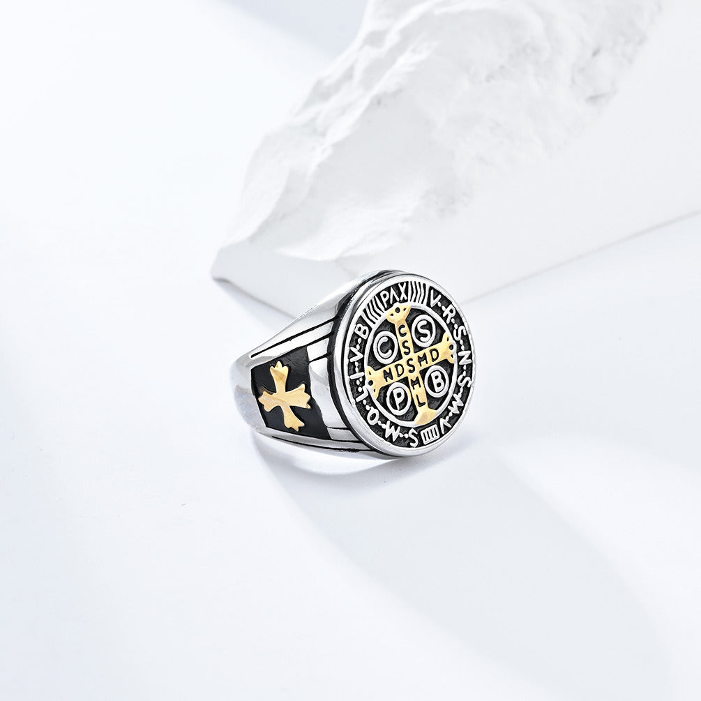 Kemstone Gothic Exorcist Ring – Vintage Stainless Steel Saint Benedict Cross Band for Men | Punk Streetwear Style