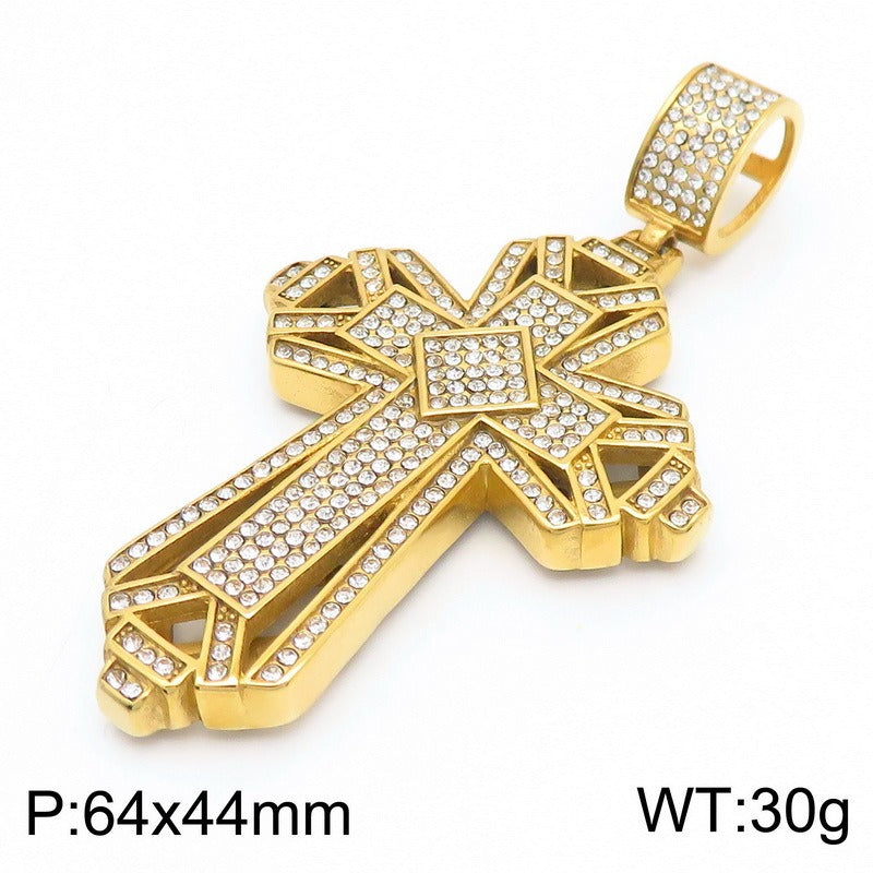 Kemstone Titanium Steel Gold Dual Cross Pendant Necklace – Hip Hop Cubic Zirconia Hollow Design KP130467