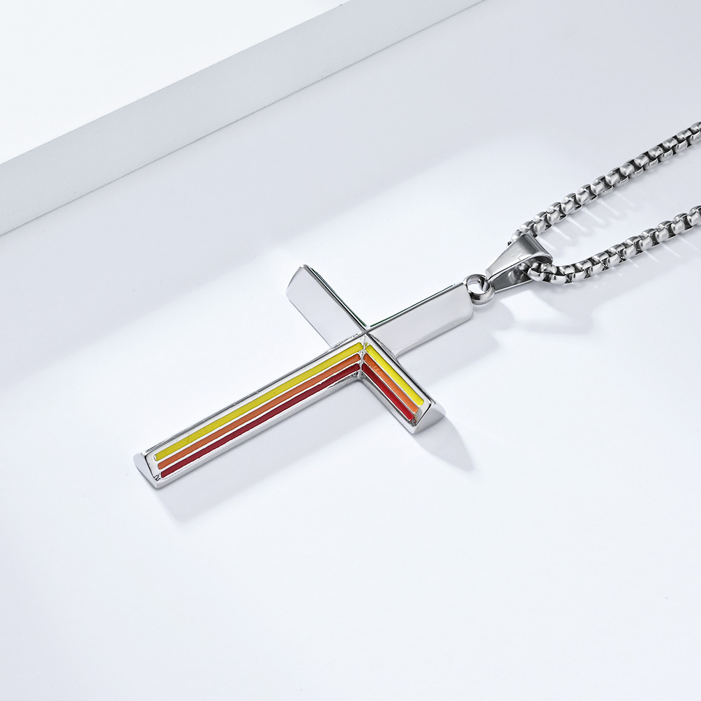 Kemstone Stainless Steel Rainbow Line Cross Pendant Necklace for Men Women K-PT524
