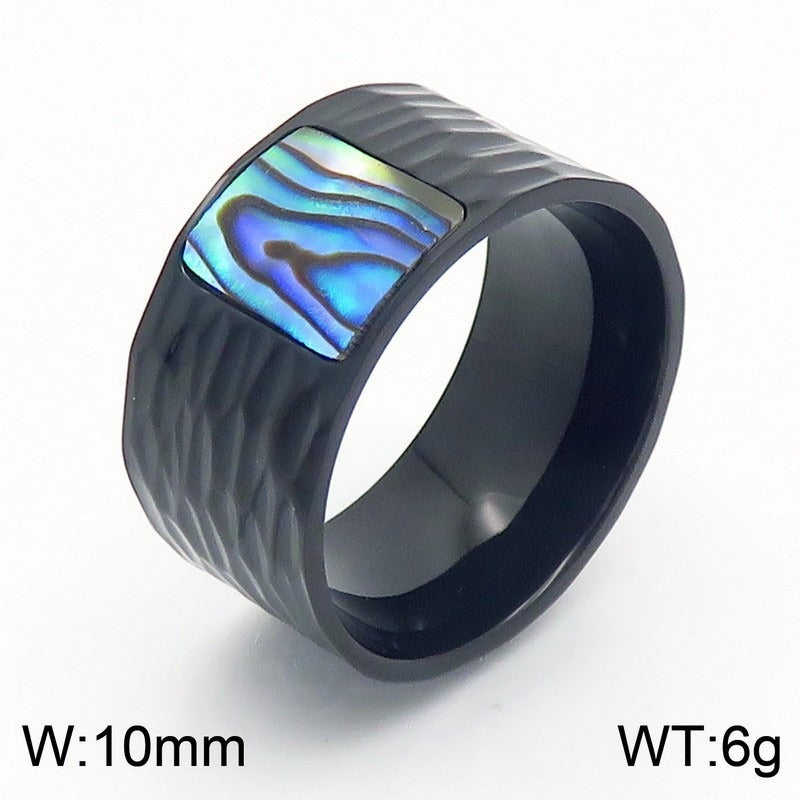 Kemstone Men’s Abalone Shell Ring – Hand-Hammered Stainless Steel Band KR110050